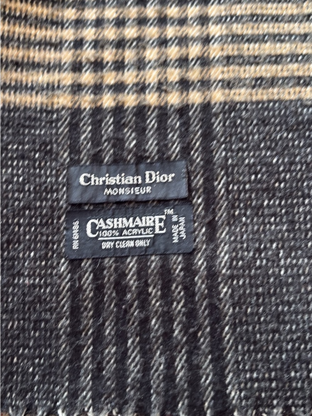 VTG 90s Christian Dior Monsieur Black & Tan Plaid Scarf 47”